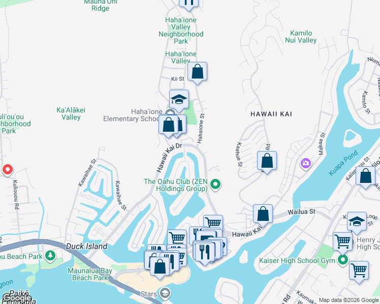 map of restaurants, bars, coffee shops, grocery stores, and more near 6706 Hawaii Kai Drive in Honolulu