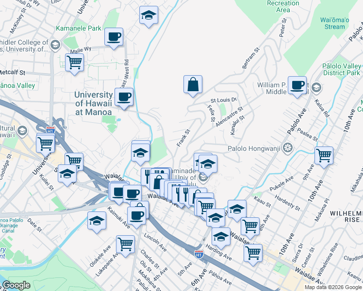 map of restaurants, bars, coffee shops, grocery stores, and more near 1391 Frank Street in Honolulu