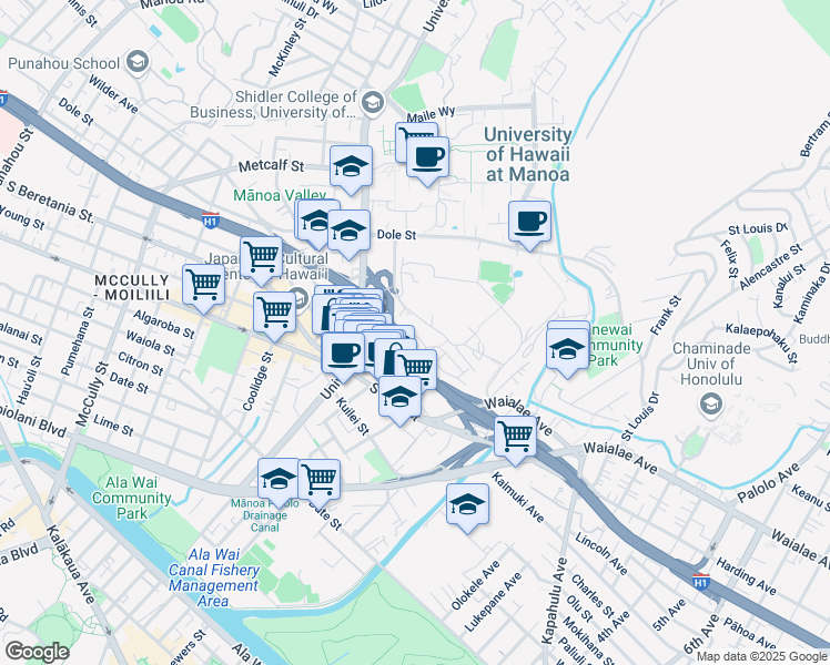 map of restaurants, bars, coffee shops, grocery stores, and more near 2716 Kolo Place in Honolulu