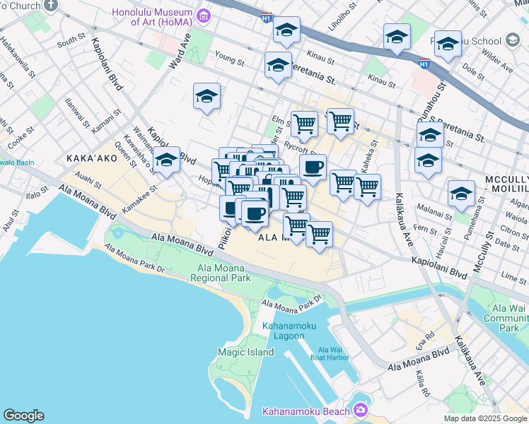 map of restaurants, bars, coffee shops, grocery stores, and more near 1357 Kapiolani Boulevard in Honolulu