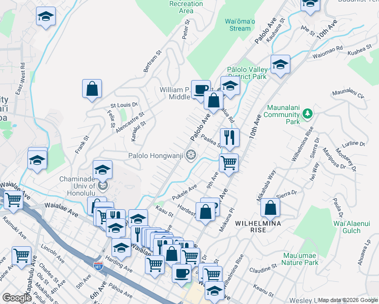 map of restaurants, bars, coffee shops, grocery stores, and more near 1717 Palolo Avenue in Honolulu