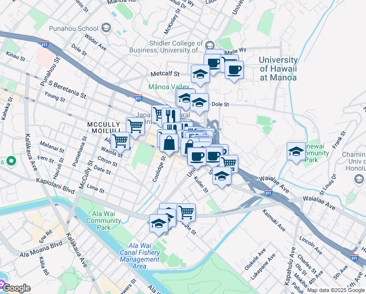 map of restaurants, bars, coffee shops, grocery stores, and more near 2509 Bingham Street in Honolulu