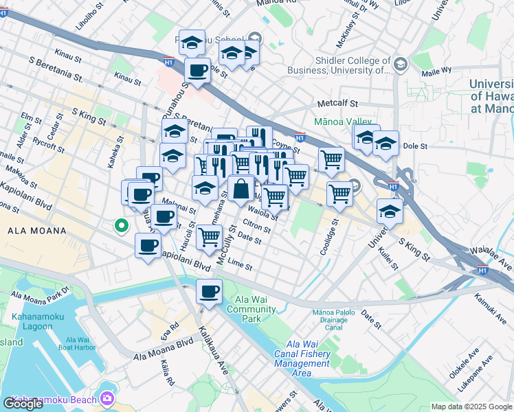map of restaurants, bars, coffee shops, grocery stores, and more near 2016 Algaroba Street in Honolulu