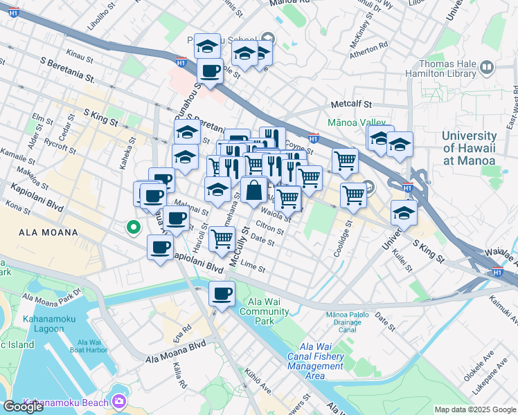 map of restaurants, bars, coffee shops, grocery stores, and more near 2016 Algaroba Street in Honolulu