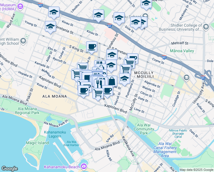 map of restaurants, bars, coffee shops, grocery stores, and more near 1607 Pualoke Place in Honolulu