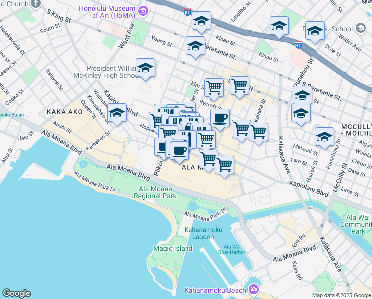 map of restaurants, bars, coffee shops, grocery stores, and more near 1347 Kapiolani Boulevard in Honolulu