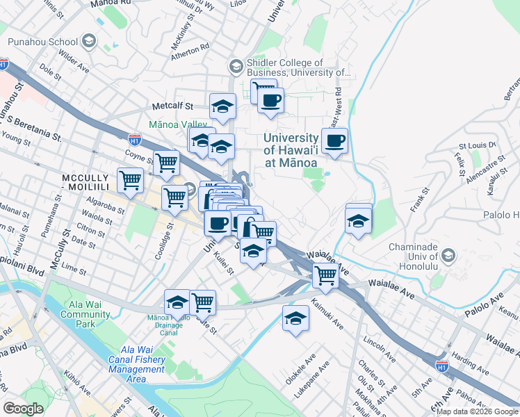 map of restaurants, bars, coffee shops, grocery stores, and more near 2708 Kolo Place in Honolulu