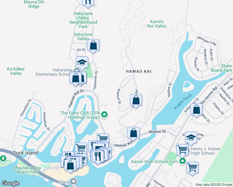 map of restaurants, bars, coffee shops, grocery stores, and more near 930 Kaahue Street in Honolulu