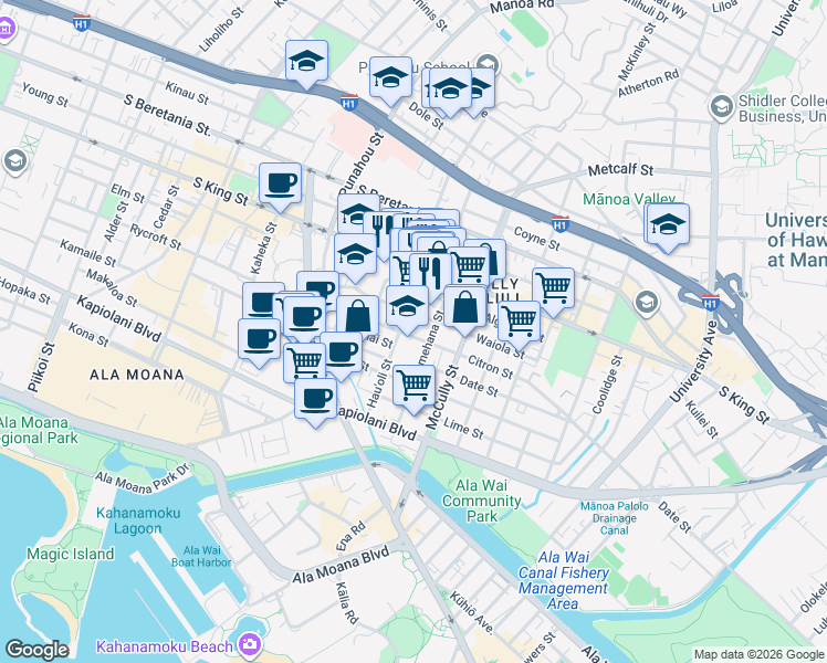 map of restaurants, bars, coffee shops, grocery stores, and more near 1807 Waiola Street in Honolulu