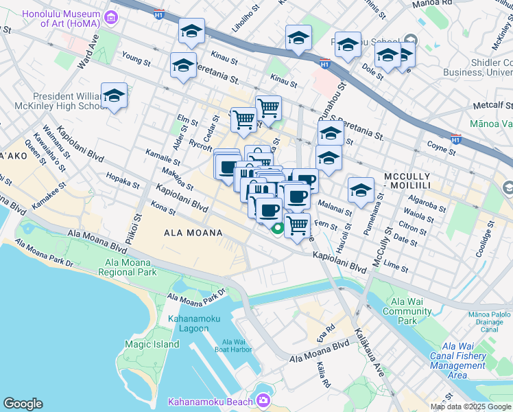 map of restaurants, bars, coffee shops, grocery stores, and more near in Honolulu