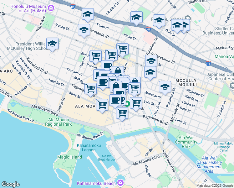 map of restaurants, bars, coffee shops, grocery stores, and more near 750 Kaheka Street in Honolulu