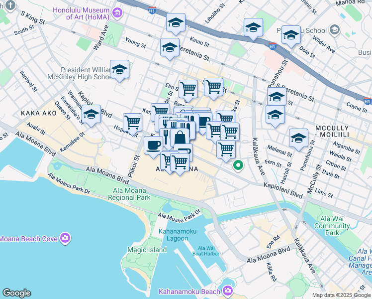 map of restaurants, bars, coffee shops, grocery stores, and more near 1440 Kapiolani Boulevard in Honolulu