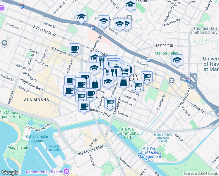 map of restaurants, bars, coffee shops, grocery stores, and more near 1807 Waiola Street in Honolulu