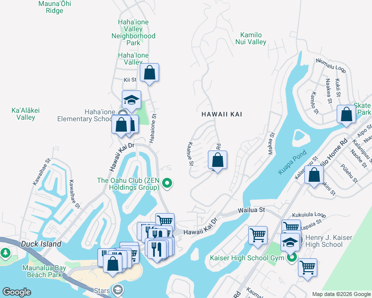 map of restaurants, bars, coffee shops, grocery stores, and more near 930 Kaahue Street in Honolulu