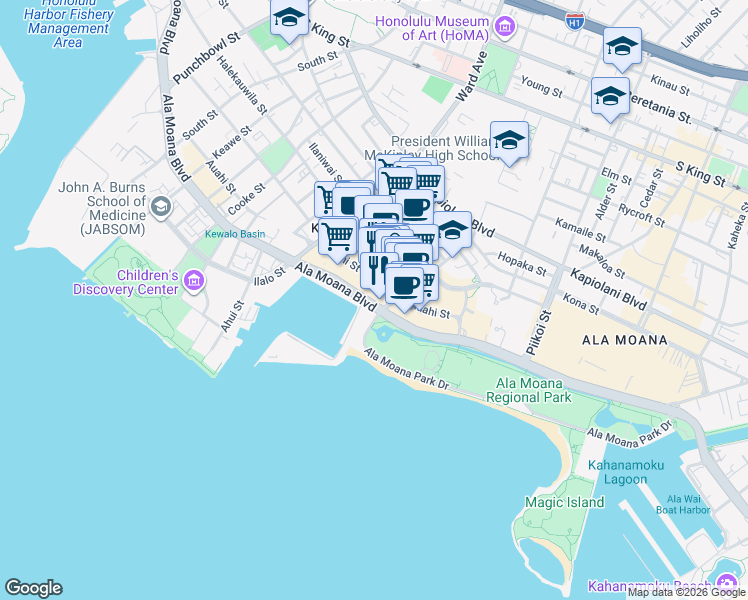 map of restaurants, bars, coffee shops, grocery stores, and more near 1055 Auahi Street in Honolulu