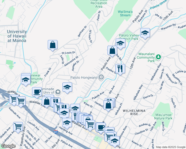 map of restaurants, bars, coffee shops, grocery stores, and more near 3266 Uilani Place in Honolulu