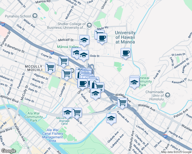 map of restaurants, bars, coffee shops, grocery stores, and more near 1355 Lower Campus Road in Honolulu