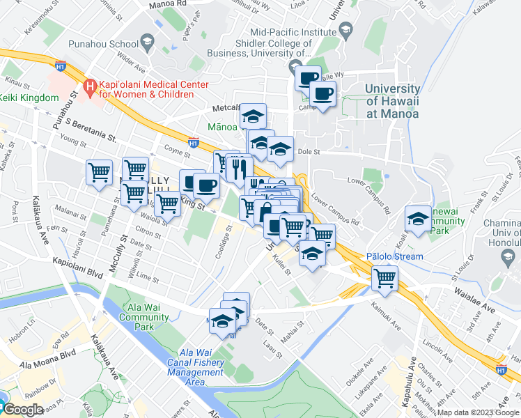map of restaurants, bars, coffee shops, grocery stores, and more near 2509 Bingham Street in Honolulu