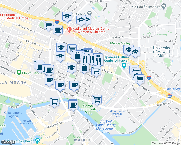 map of restaurants, bars, coffee shops, grocery stores, and more near 2016 Algaroba Street in Honolulu