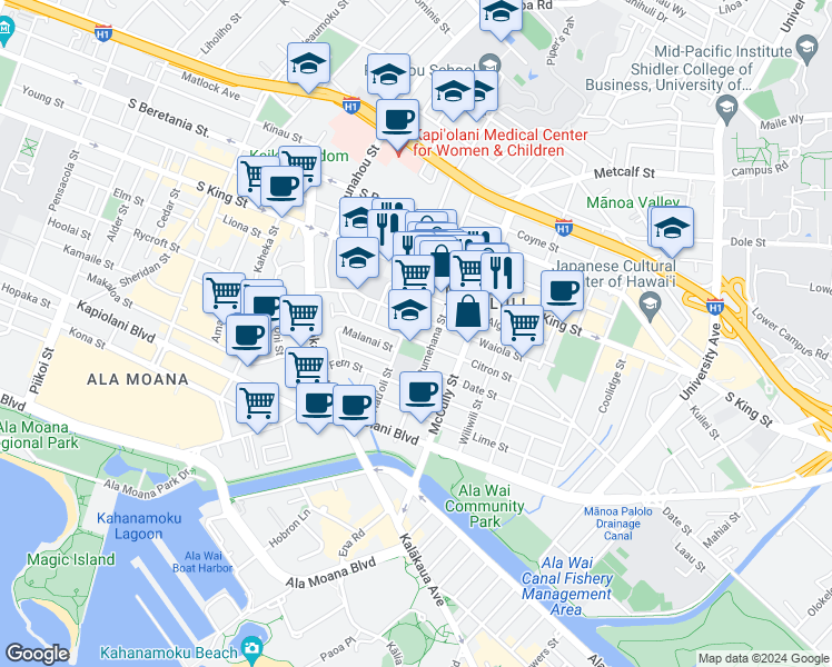 map of restaurants, bars, coffee shops, grocery stores, and more near 1807 Waiola Street in Honolulu