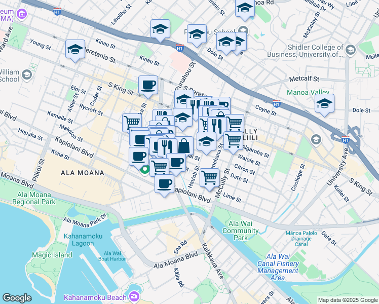 map of restaurants, bars, coffee shops, grocery stores, and more near 834 Lokahi Street in Honolulu