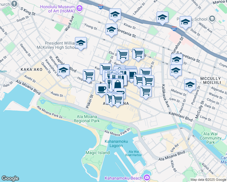 map of restaurants, bars, coffee shops, grocery stores, and more near 1376 Kapiolani Boulevard in Honolulu
