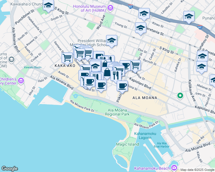 map of restaurants, bars, coffee shops, grocery stores, and more near 1177 Queen Street in Honolulu