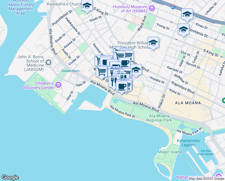 map of restaurants, bars, coffee shops, grocery stores, and more near 1044 Auahi Street in Honolulu
