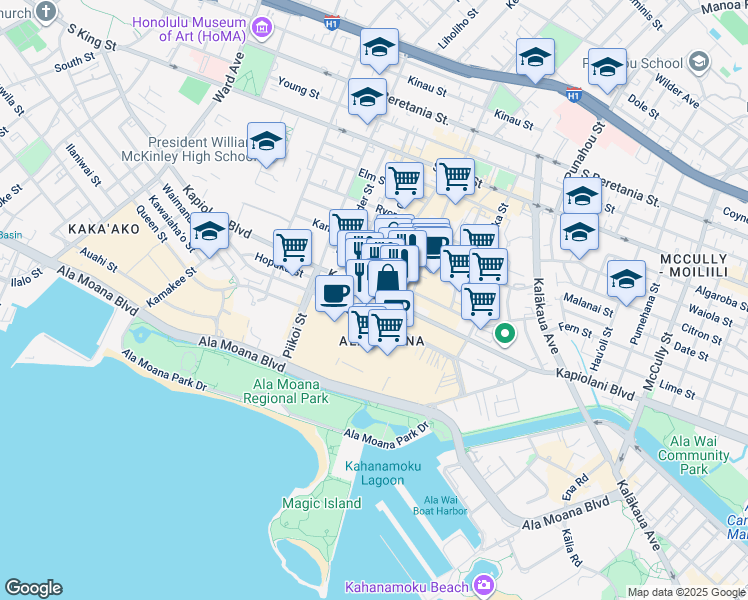 map of restaurants, bars, coffee shops, grocery stores, and more near 1391 Kapiolani Boulevard in Honolulu