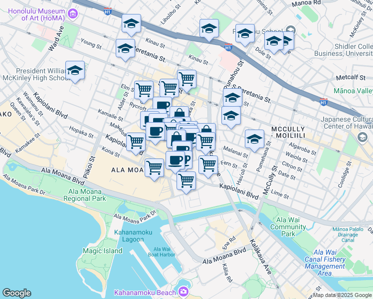 map of restaurants, bars, coffee shops, grocery stores, and more near 801 Kaheka Street in Honolulu