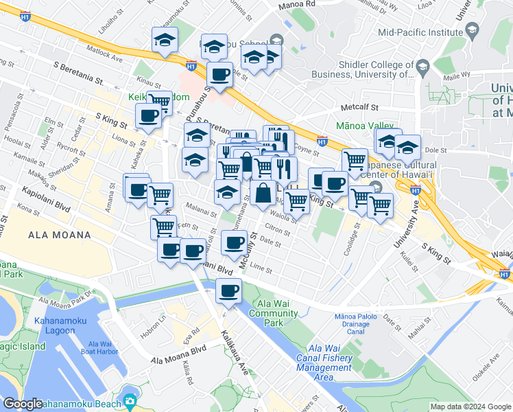 map of restaurants, bars, coffee shops, grocery stores, and more near 1928 Waiola Street in Honolulu