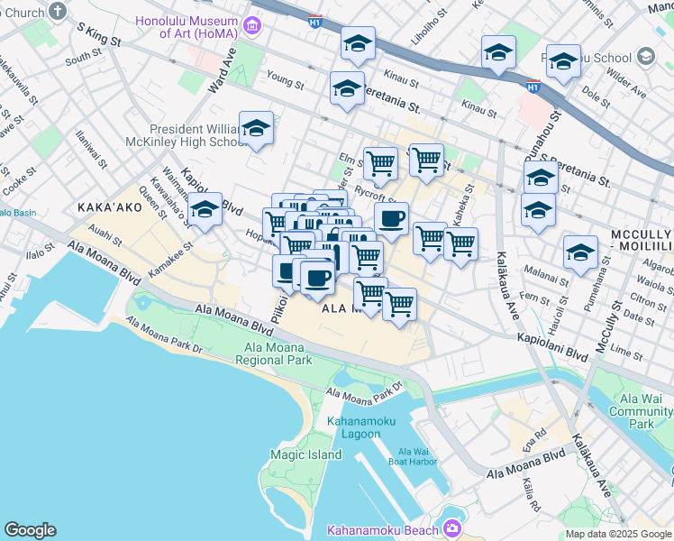 map of restaurants, bars, coffee shops, grocery stores, and more near 1357 Kapiolani Boulevard in Honolulu