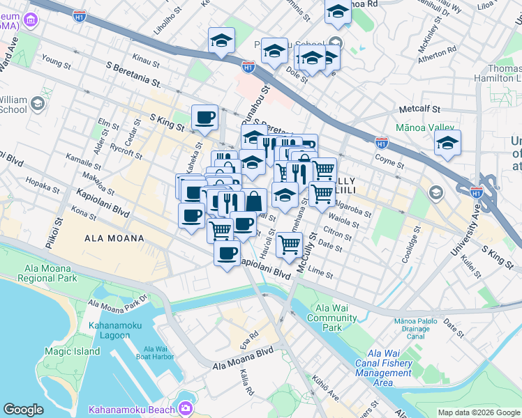 map of restaurants, bars, coffee shops, grocery stores, and more near 834 Lokahi Street in Honolulu