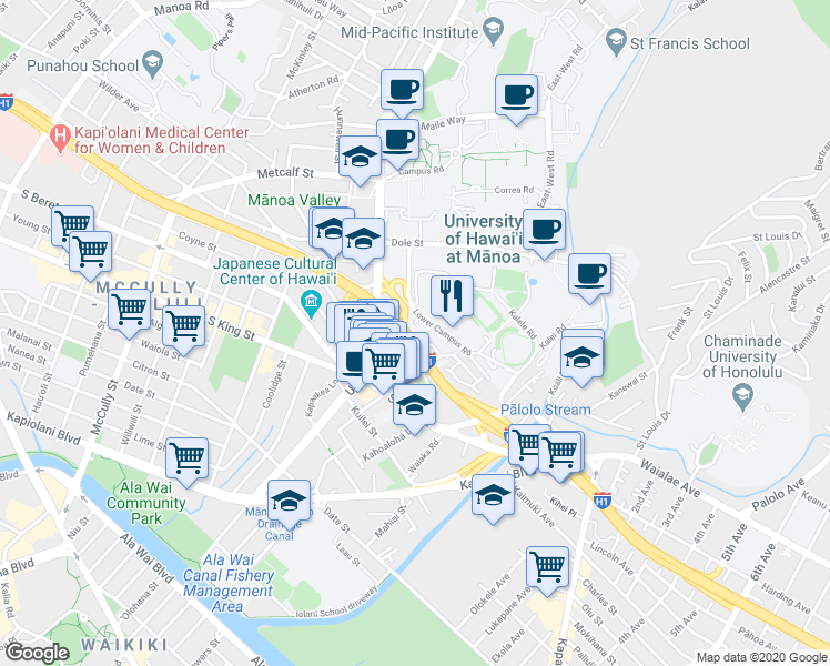 map of restaurants, bars, coffee shops, grocery stores, and more near 1355 Lower Campus Road in Honolulu