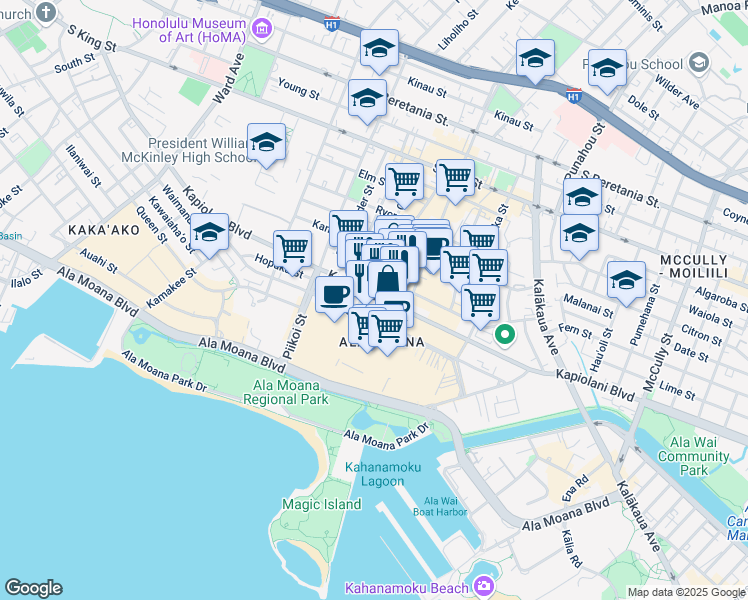 map of restaurants, bars, coffee shops, grocery stores, and more near 1376 Kapiolani Boulevard in Honolulu