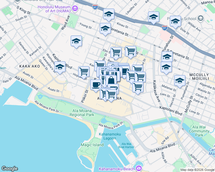 map of restaurants, bars, coffee shops, grocery stores, and more near 1376 Kapiolani Boulevard in Honolulu