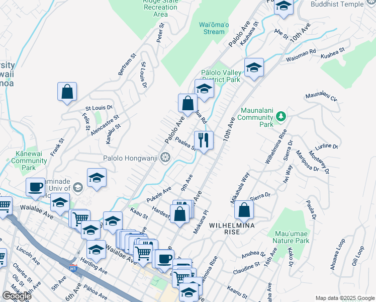map of restaurants, bars, coffee shops, grocery stores, and more near 3349 Paalea Street in Honolulu