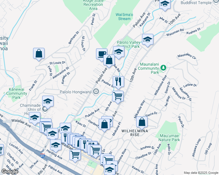 map of restaurants, bars, coffee shops, grocery stores, and more near 3349 Paalea Street in Honolulu