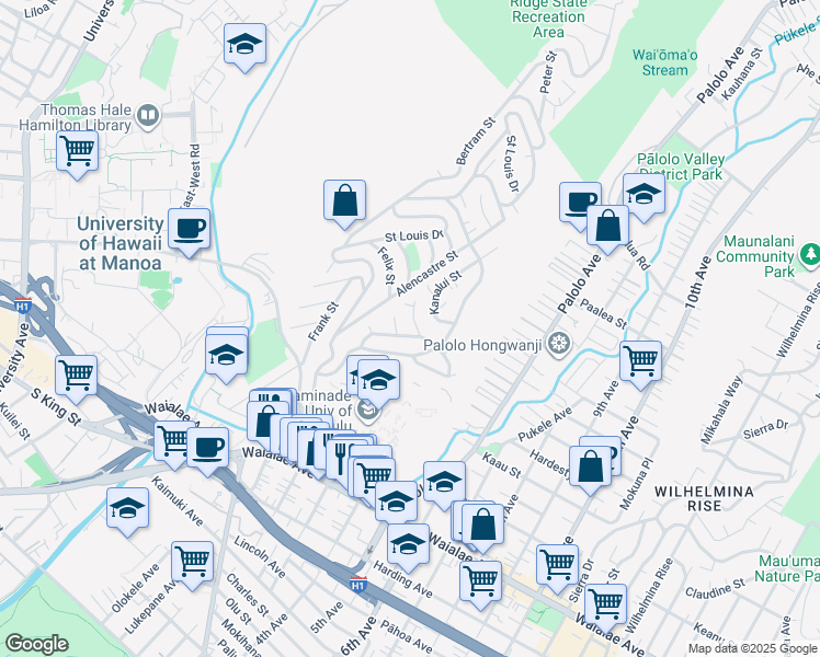 map of restaurants, bars, coffee shops, grocery stores, and more near 1525 Kalaepohaku Place in Honolulu