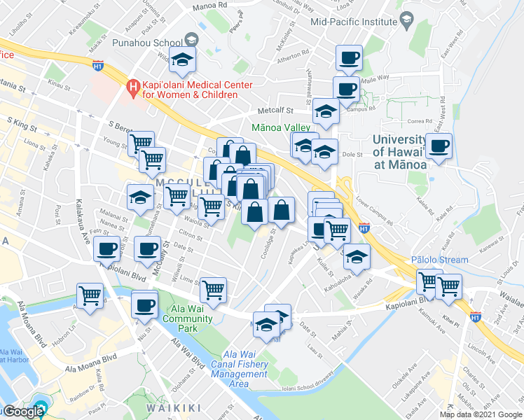 map of restaurants, bars, coffee shops, grocery stores, and more near 2320 South King Street in Honolulu