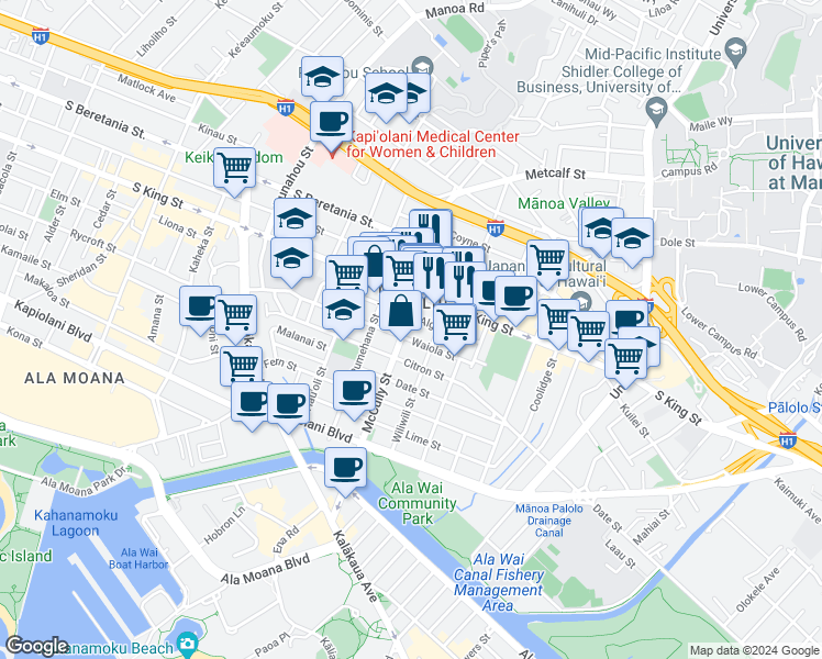map of restaurants, bars, coffee shops, grocery stores, and more near 2016 Algaroba Street in Honolulu