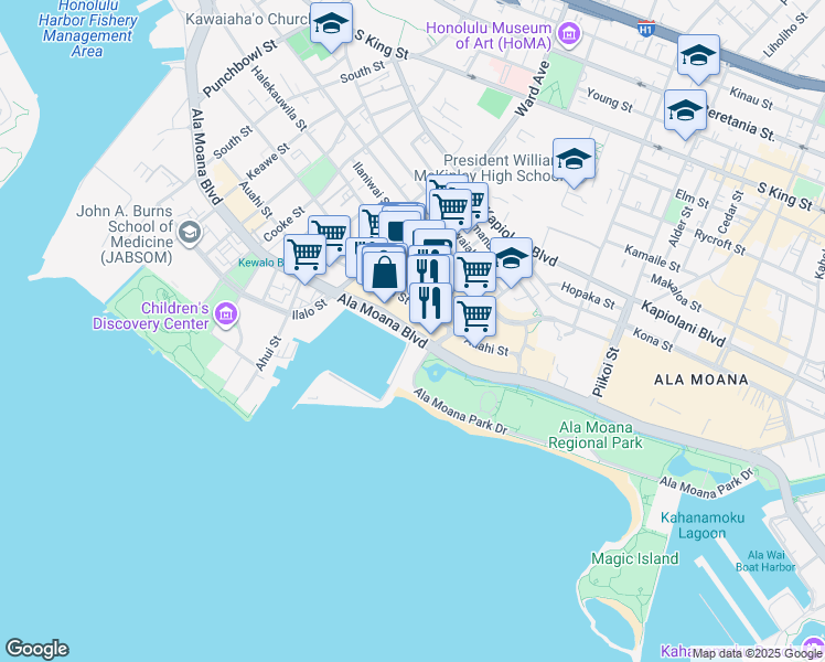 map of restaurants, bars, coffee shops, grocery stores, and more near 1085 Ala Moana Boulevard in Honolulu