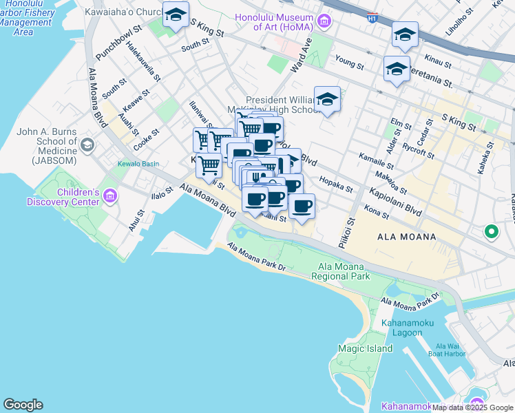 map of restaurants, bars, coffee shops, grocery stores, and more near 1108 Auahi Street in Honolulu