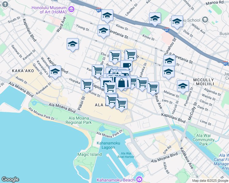 map of restaurants, bars, coffee shops, grocery stores, and more near 1440 Kapiolani Boulevard in Honolulu