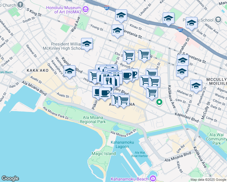 map of restaurants, bars, coffee shops, grocery stores, and more near 1347 Kapiolani Boulevard in Honolulu