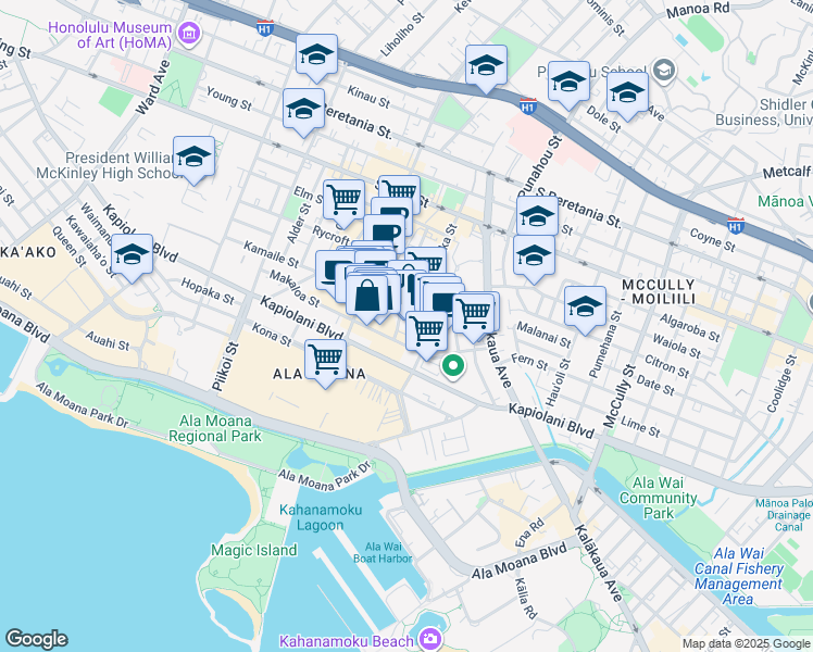 map of restaurants, bars, coffee shops, grocery stores, and more near 750 Amana Street in Honolulu