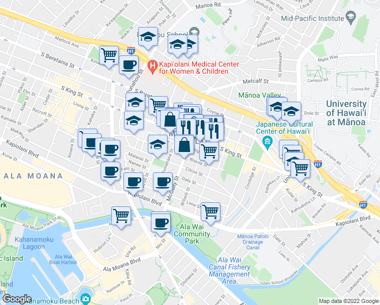 map of restaurants, bars, coffee shops, grocery stores, and more near 2016 Algaroba Street in Honolulu