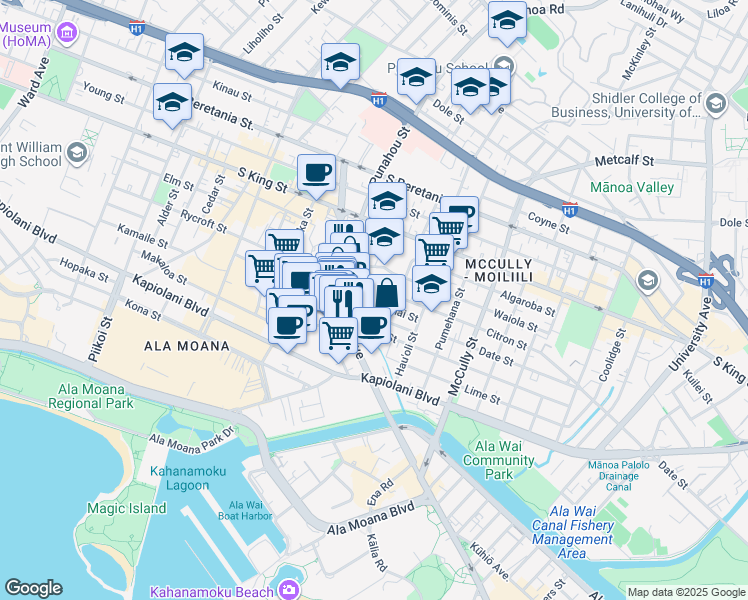 map of restaurants, bars, coffee shops, grocery stores, and more near 1607 Pualoke Place in Honolulu