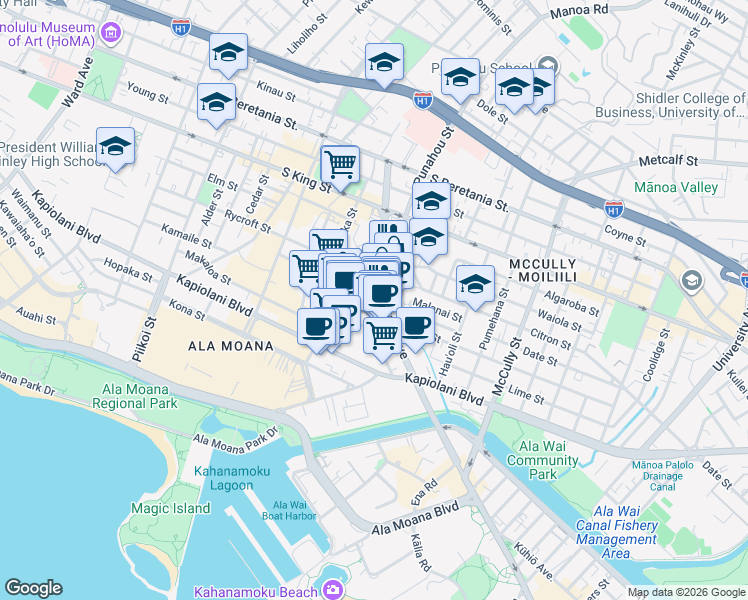 map of restaurants, bars, coffee shops, grocery stores, and more near 1650 Kanunu Street in Honolulu