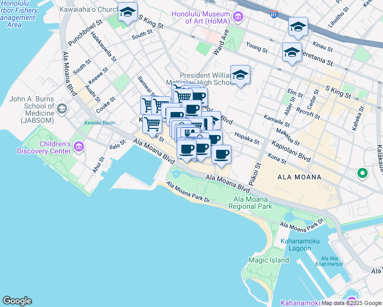 map of restaurants, bars, coffee shops, grocery stores, and more near 338 Kamakee Street in Honolulu